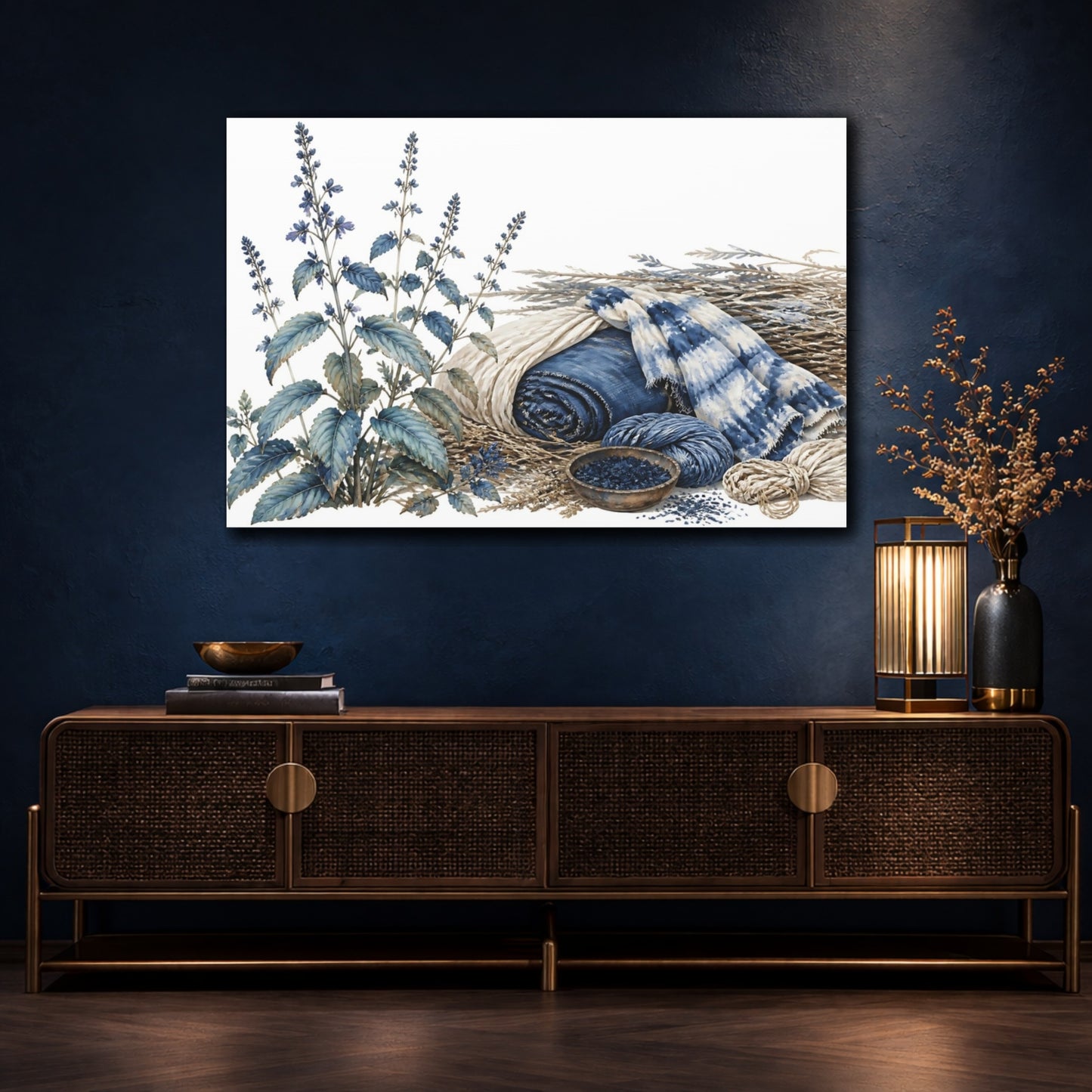 Mockup 4. Indigo Botanical Still Life shown as canvas print