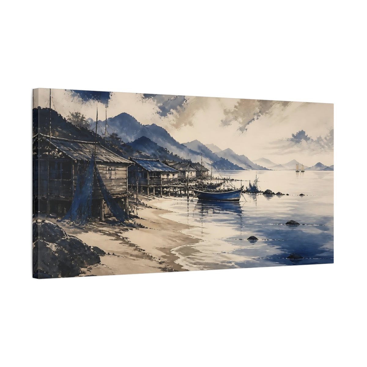 Side Mockup 1. Indigo Coastal Fishing Village shown as canvas print