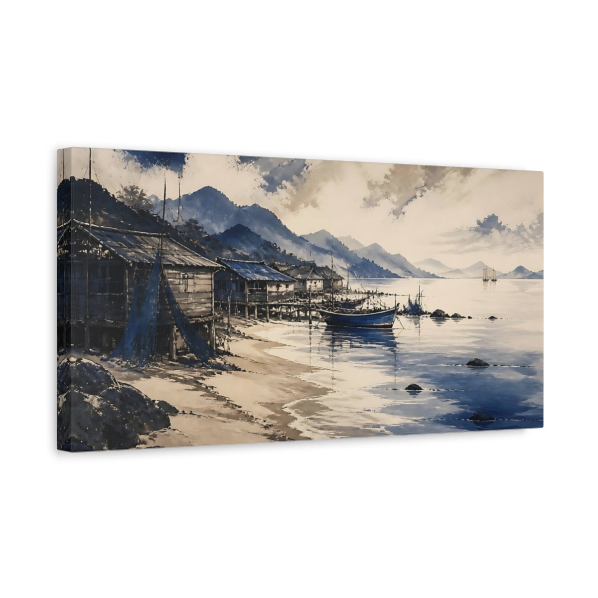 Side Mockup 3. Indigo Coastal Fishing Village shown as canvas print