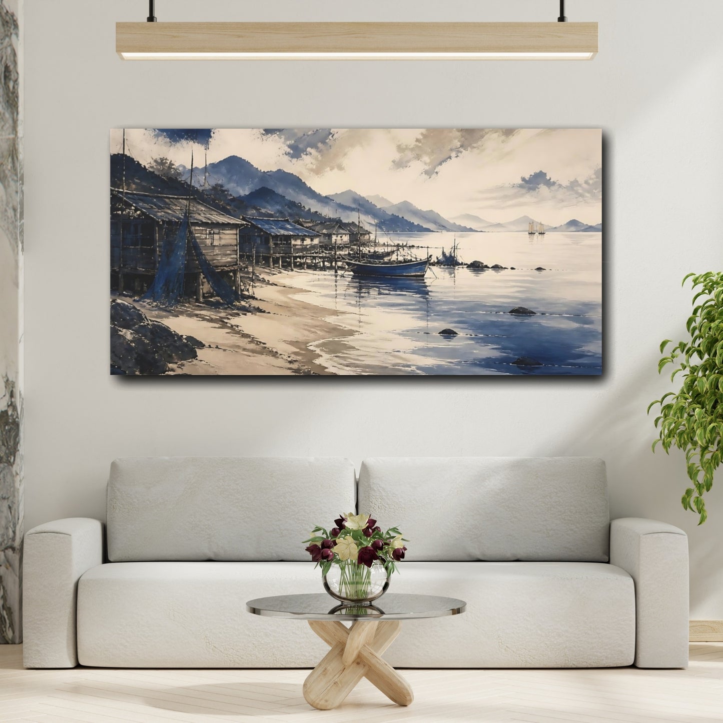 Mockup 2. Indigo Coastal Fishing Village shown as canvas print