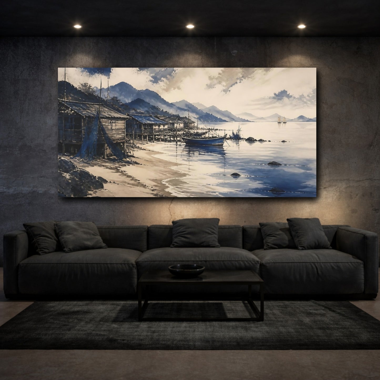 Mockup 3. Indigo Coastal Fishing Village shown as canvas print