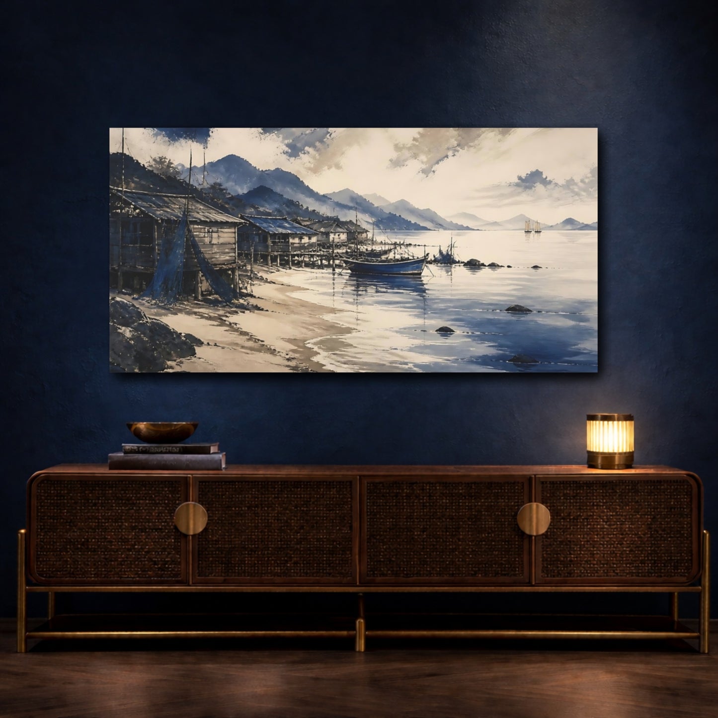 Mockup 4. Indigo Coastal Fishing Village shown as canvas print