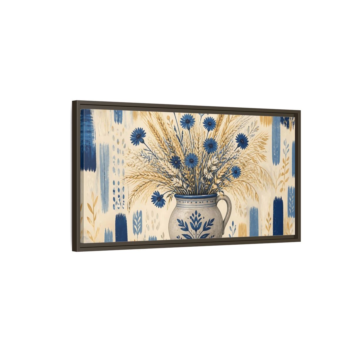 Main Mockup. Indigo Cornflowers & Wheat shown as framed canvas print