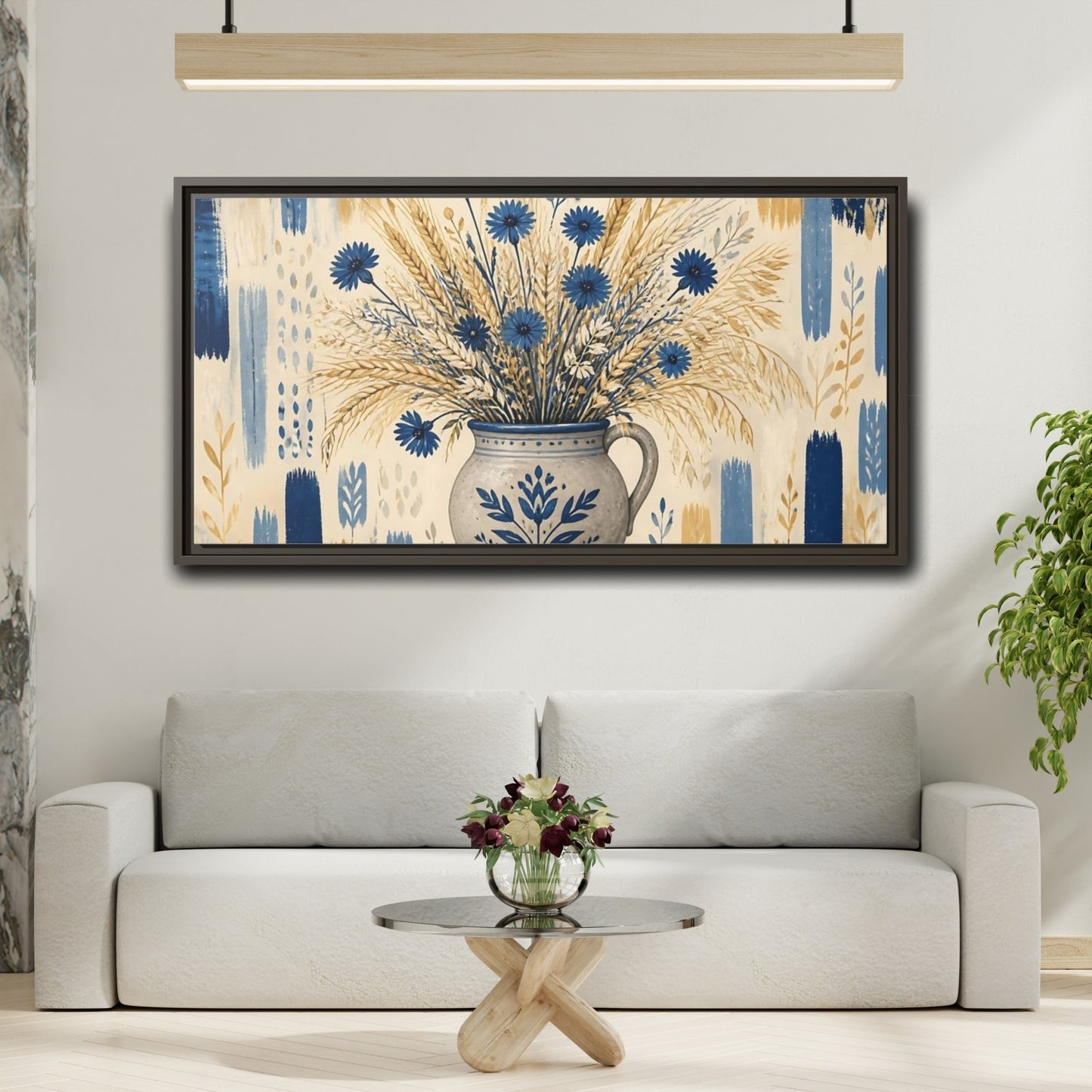 Mockup 2. Indigo Cornflowers & Wheat shown as framed canvas print