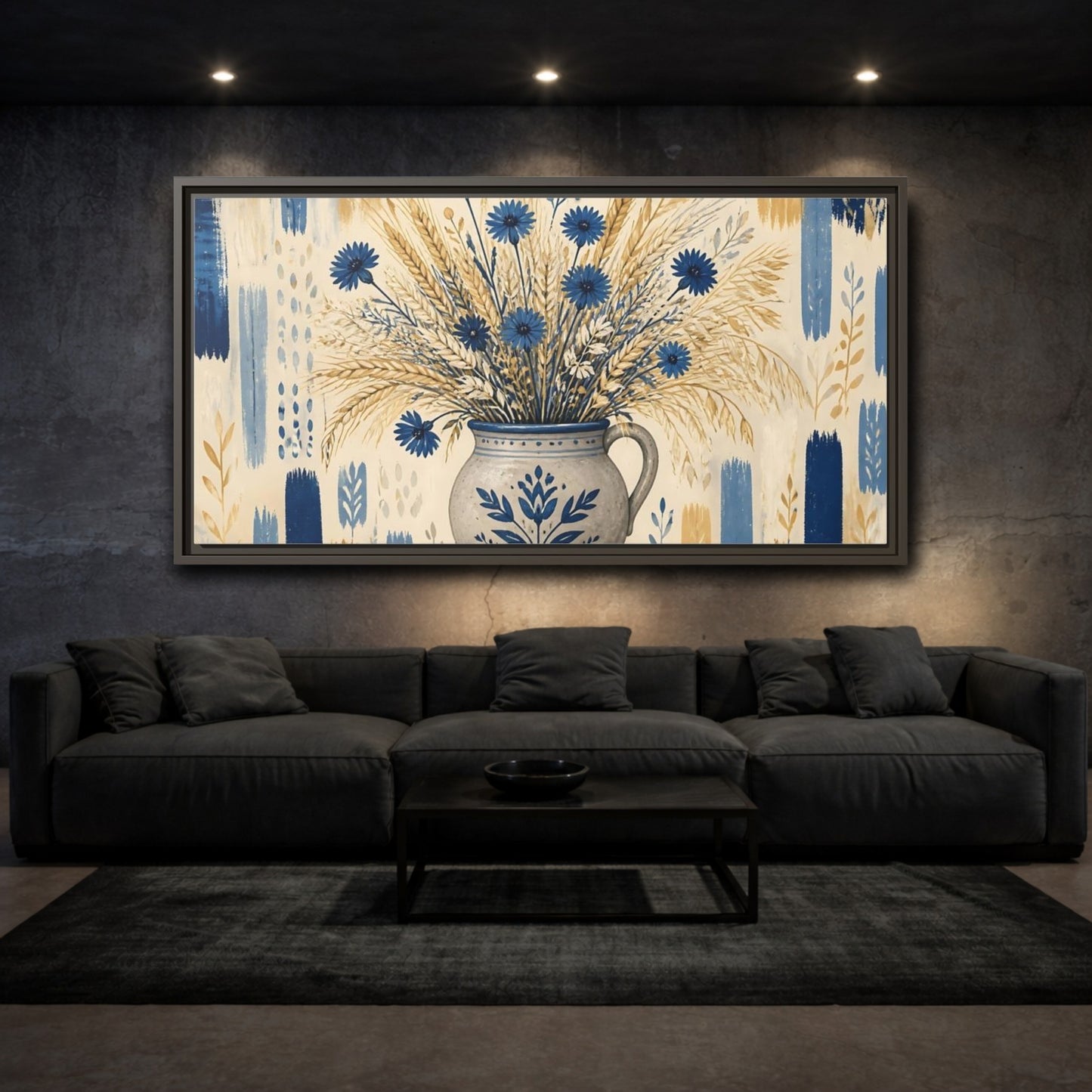 Mockup 3. Indigo Cornflowers & Wheat shown as framed canvas print