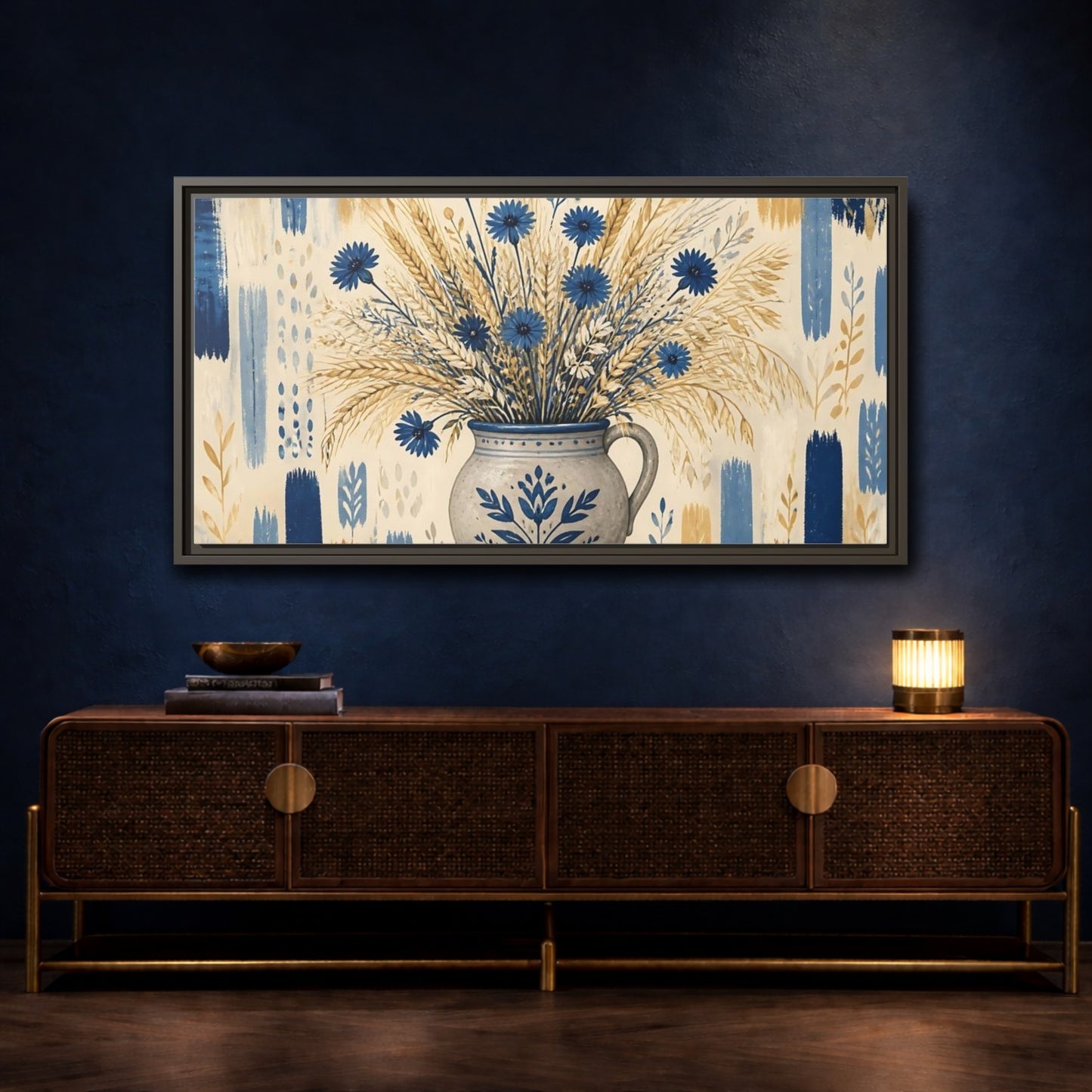 Mockup 4. Indigo Cornflowers & Wheat shown as framed canvas print