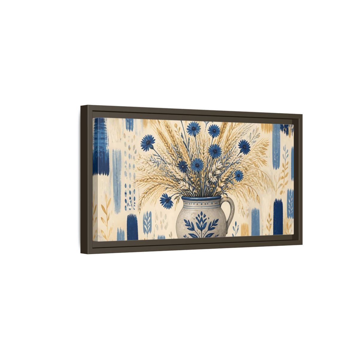 Side Mockup 7. Indigo Cornflowers & Wheat shown as framed canvas print