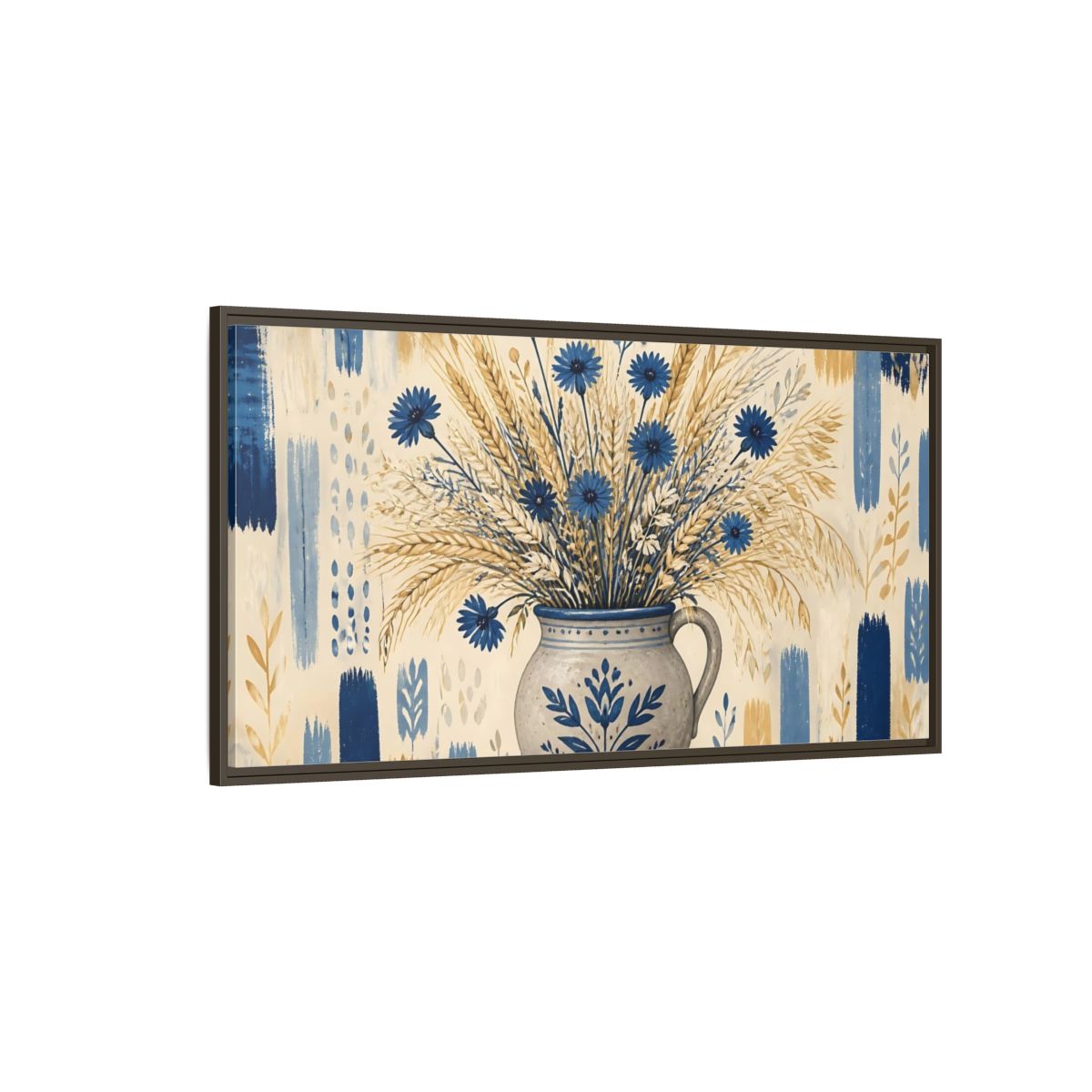 Side Mockup 4. Indigo Cornflowers & Wheat shown as framed canvas print