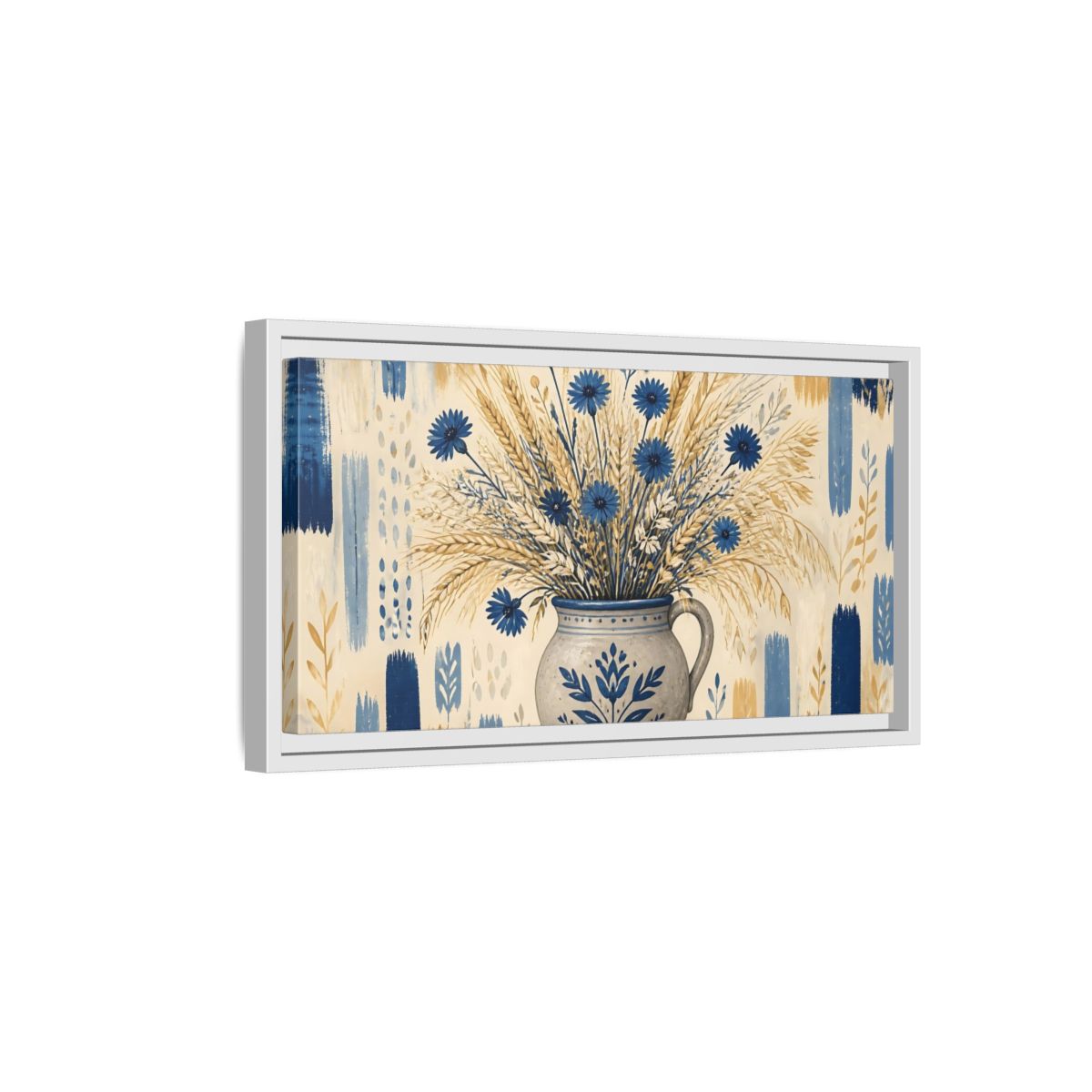 Side Mockup 6. Indigo Cornflowers & Wheat shown as framed canvas print