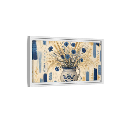 Side Mockup 6. Indigo Cornflowers & Wheat shown as framed canvas print