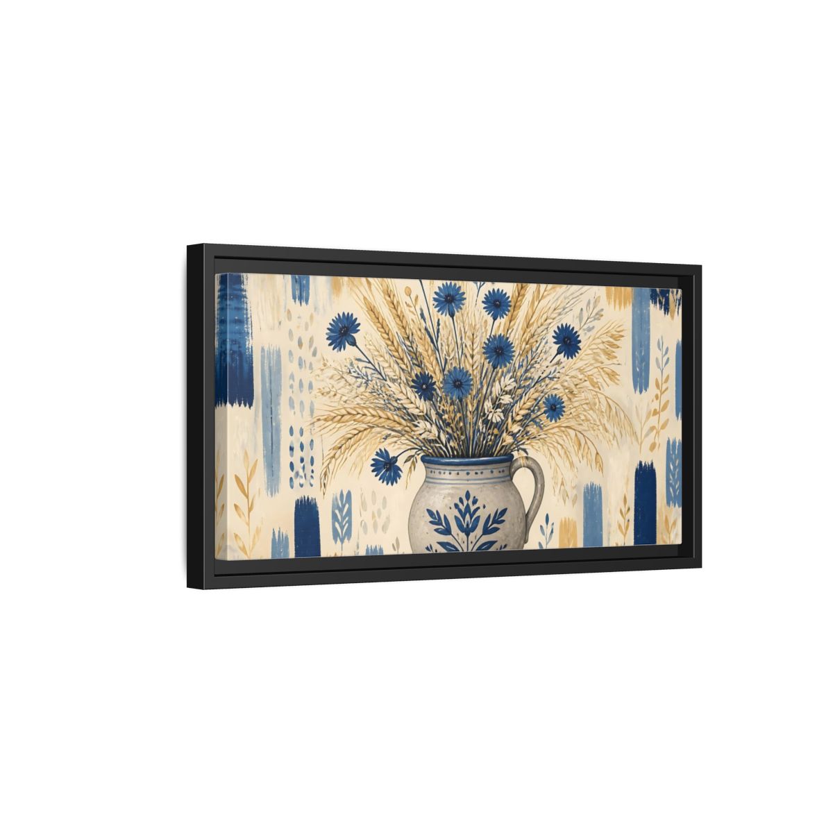 Side Mockup 8. Indigo Cornflowers & Wheat shown as framed canvas print