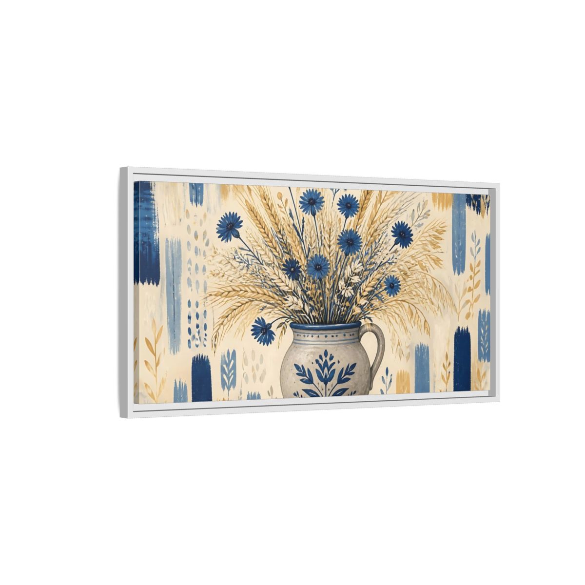 Side Mockup 1. Indigo Cornflowers & Wheat shown as framed canvas print