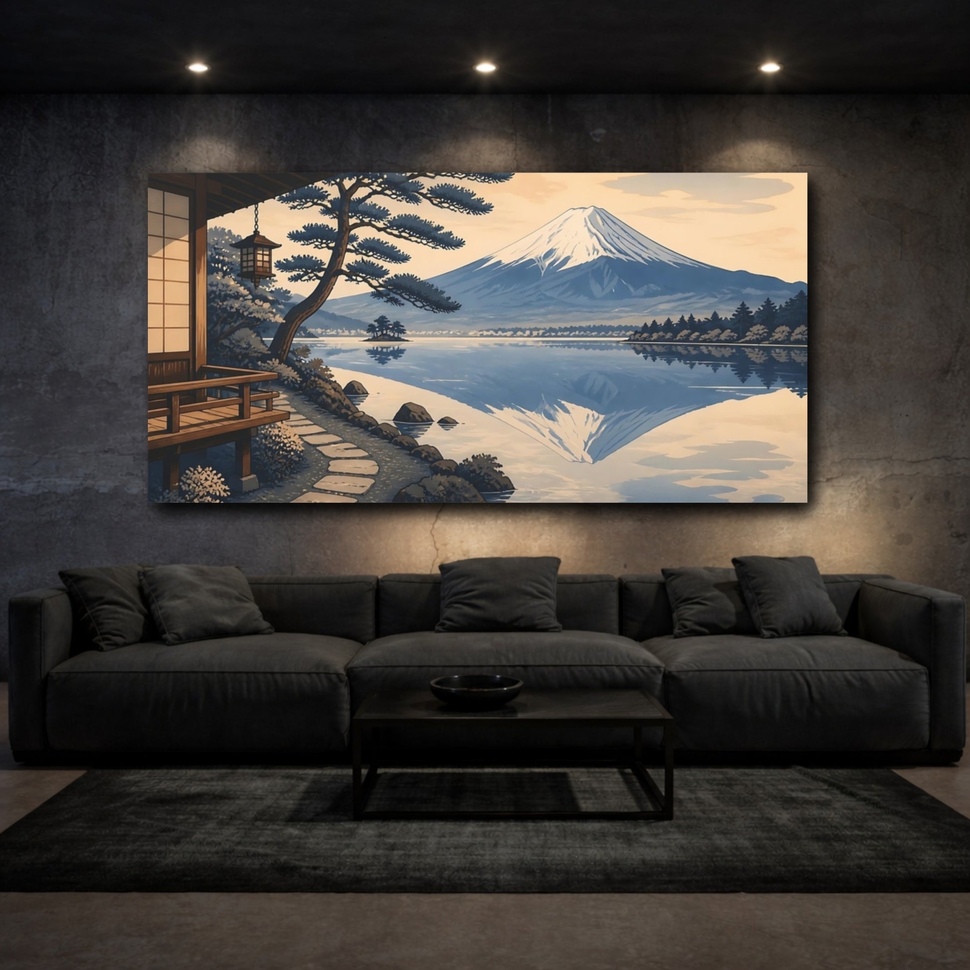 Mockup 3. Indigo Mount Fuji Reflection shown as canvas print