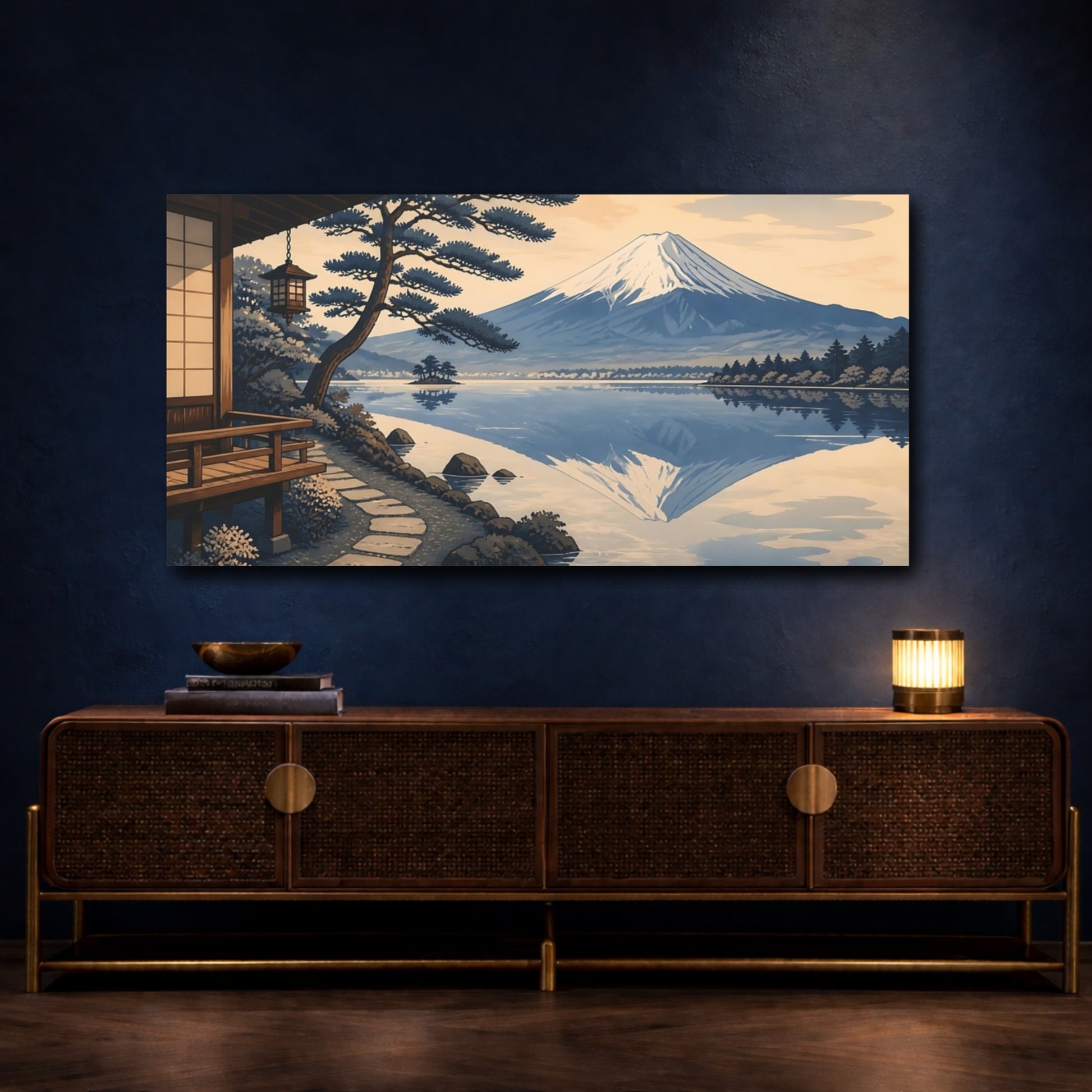 Mockup 4. Indigo Mount Fuji Reflection shown as canvas print