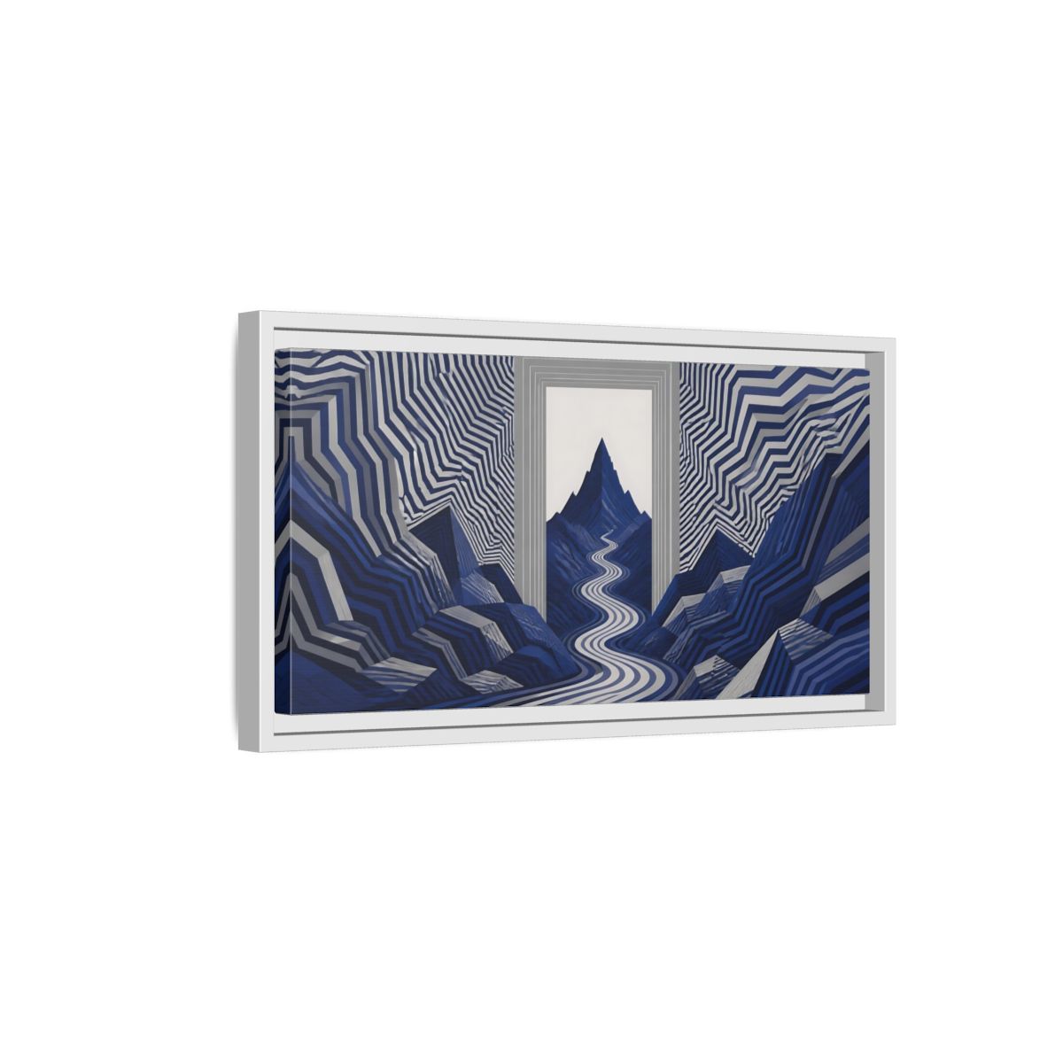 Side Mockup 6. Indigo Mountain Passage shown as framed canvas print