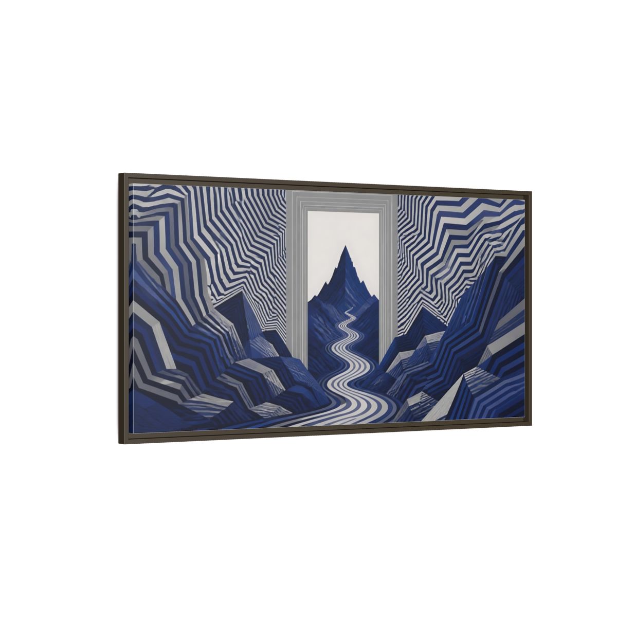 Side Mockup 4. Indigo Mountain Passage shown as framed canvas print