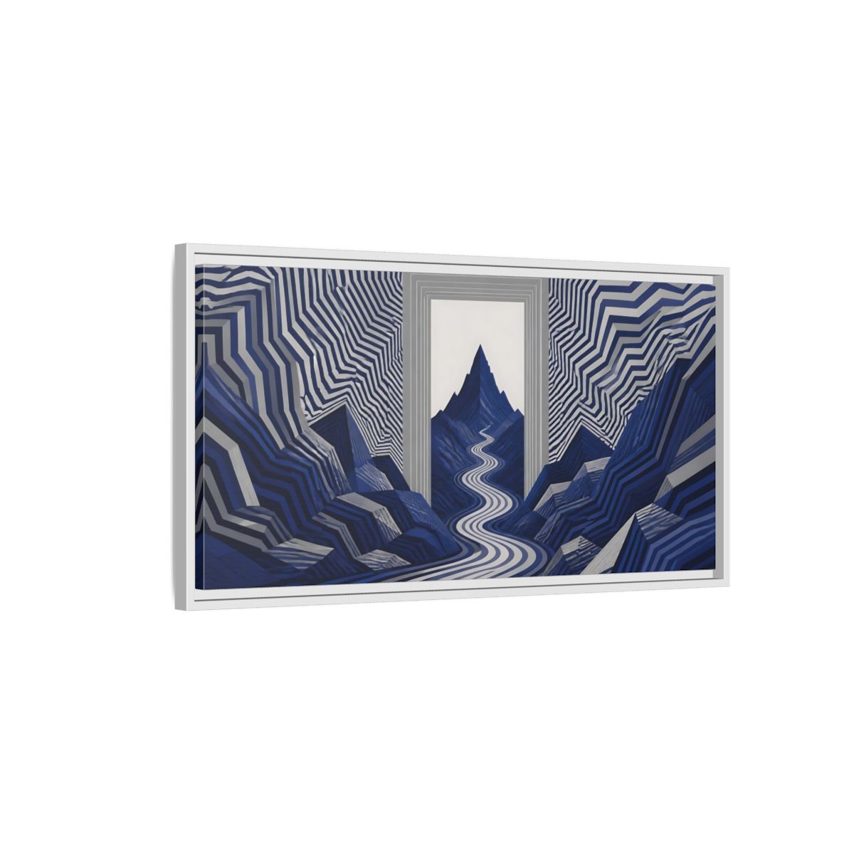 Side Mockup 1. Indigo Mountain Passage shown as framed canvas print