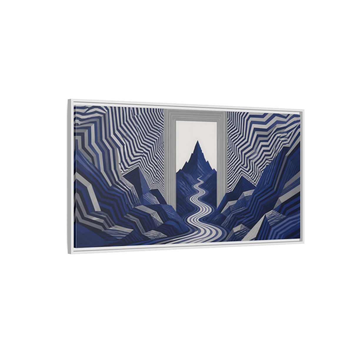 Side Mockup 3. Indigo Mountain Passage shown as framed canvas print