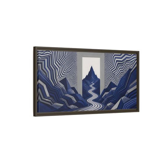 Main Mockup. Indigo Mountain Passage shown as framed canvas print