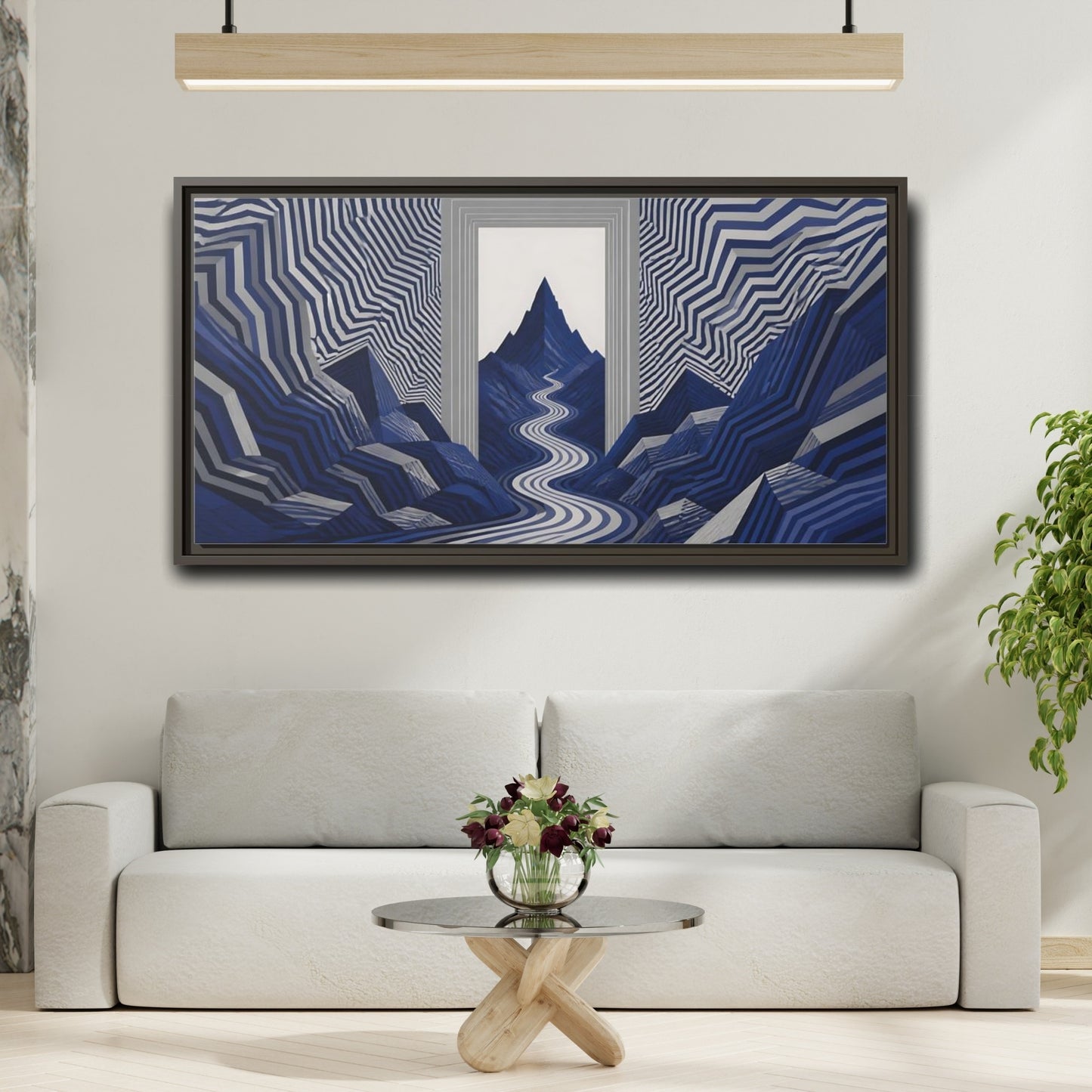 Mockup 2. Indigo Mountain Passage shown as framed canvas print