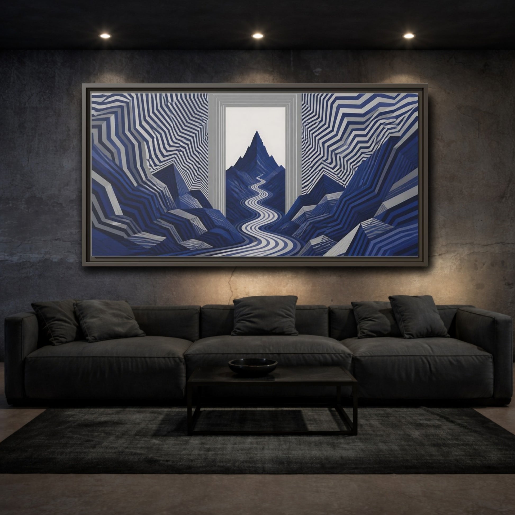 Mockup 3. Indigo Mountain Passage shown as framed canvas print