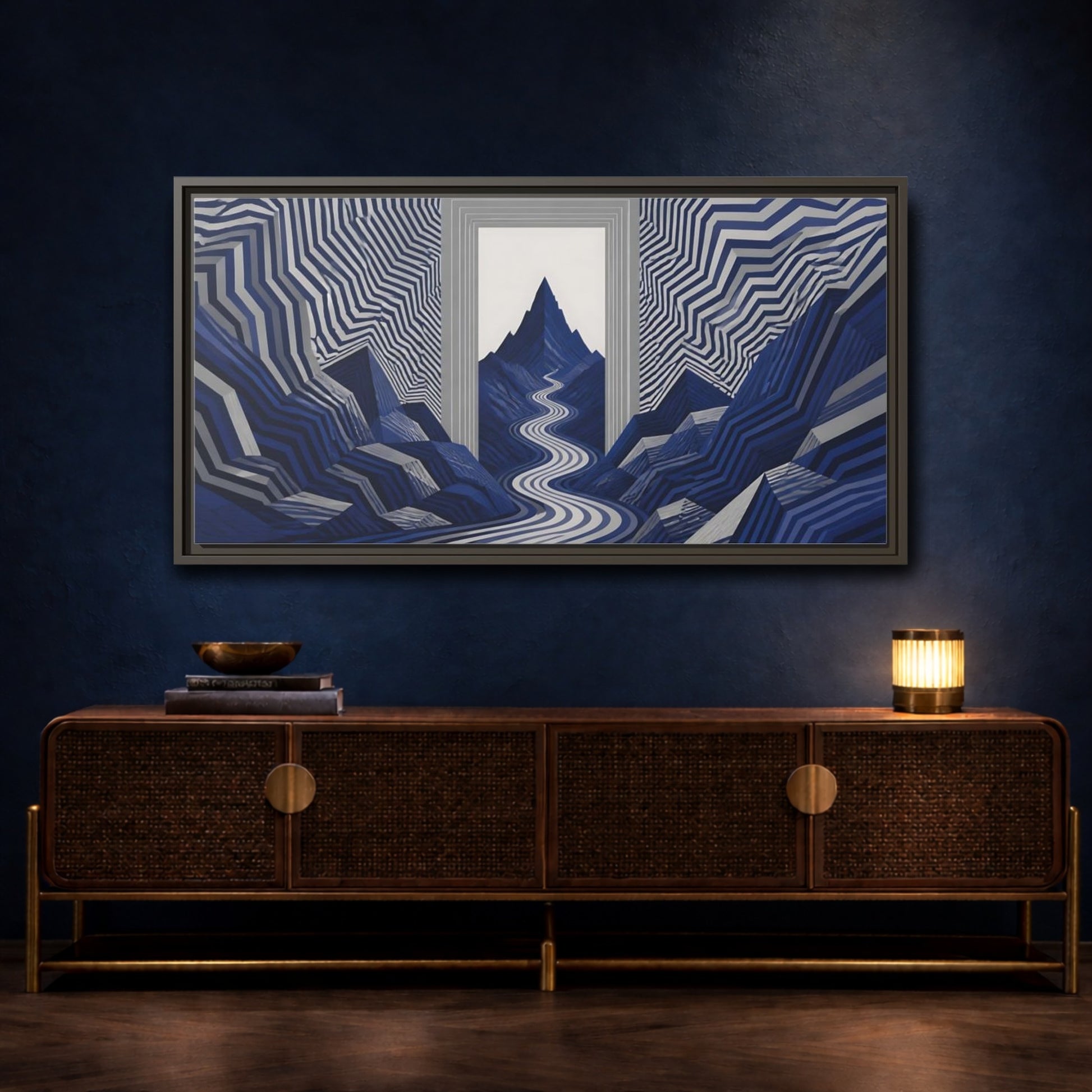 Mockup 4. Indigo Mountain Passage shown as framed canvas print