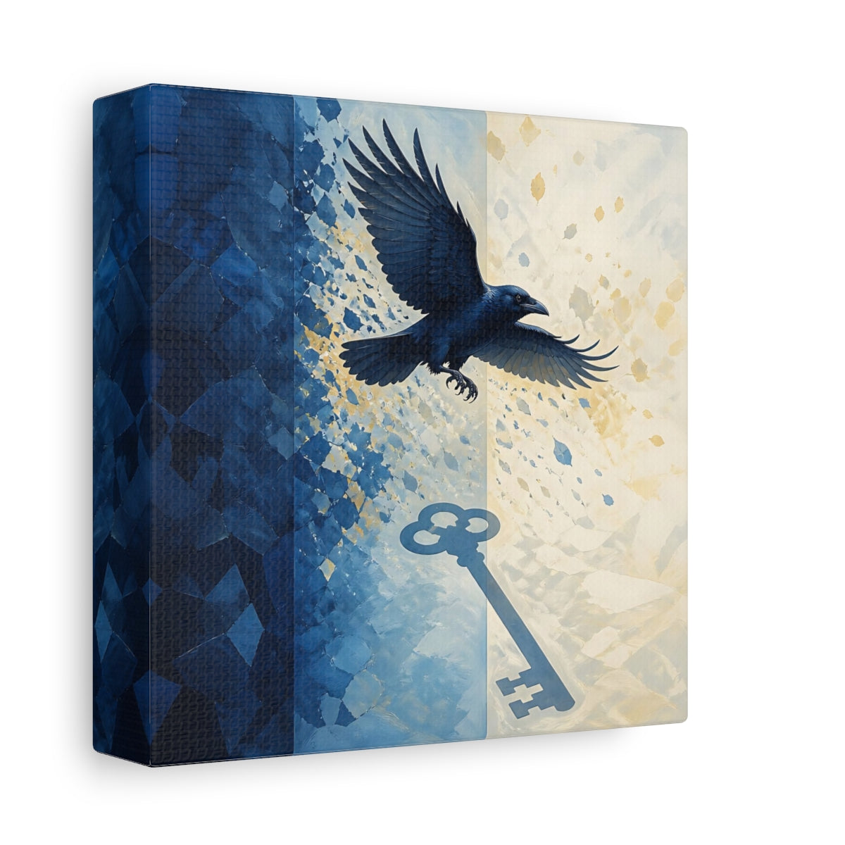 Side Mockup 2. Indigo Raven Key Shadow shown as canvas print