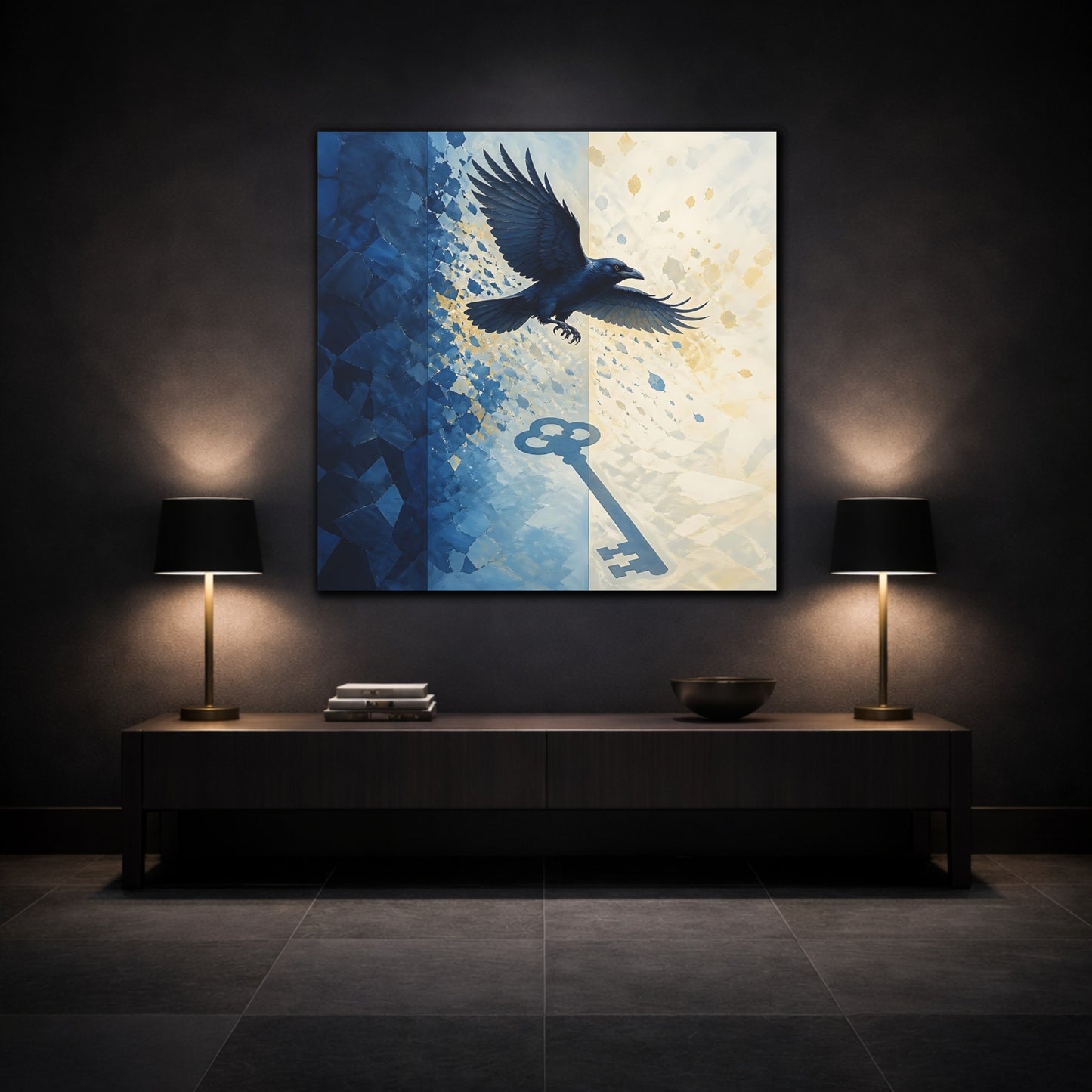 Mockup 3. Indigo Raven Key Shadow shown as canvas print