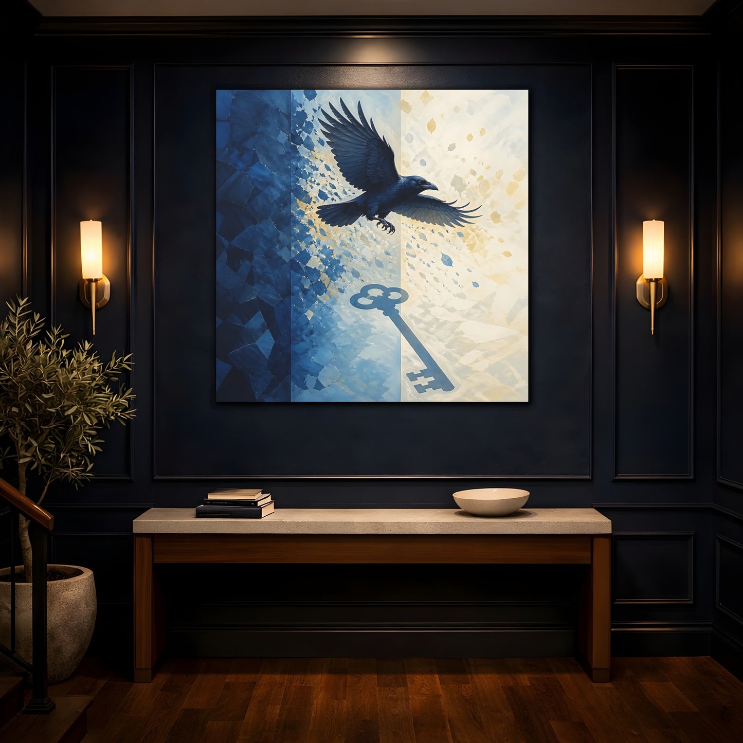 Mockup 4. Indigo Raven Key Shadow shown as canvas print