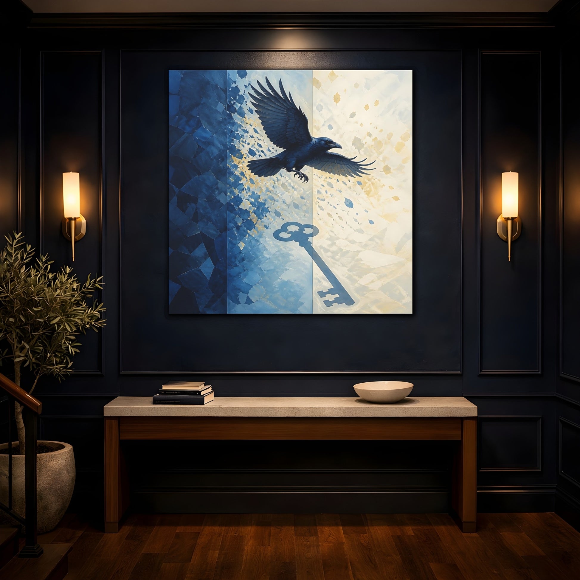 Mockup 4. Indigo Raven Key Shadow shown as canvas print