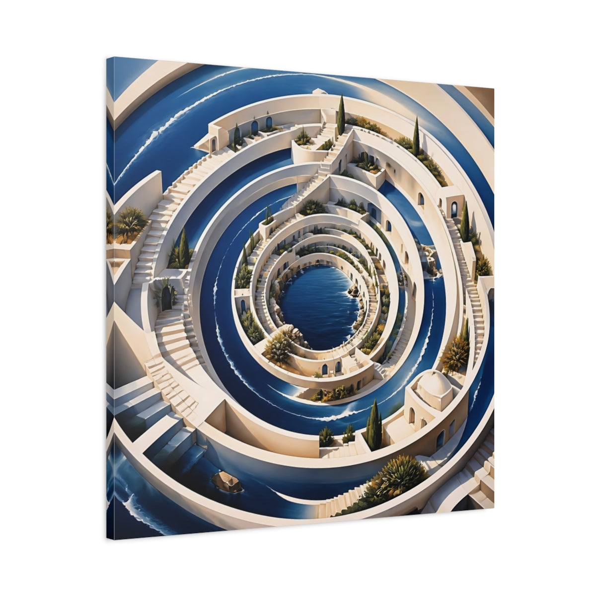 Main Mockup. Indigo Spiral Terraces shown as canvas print