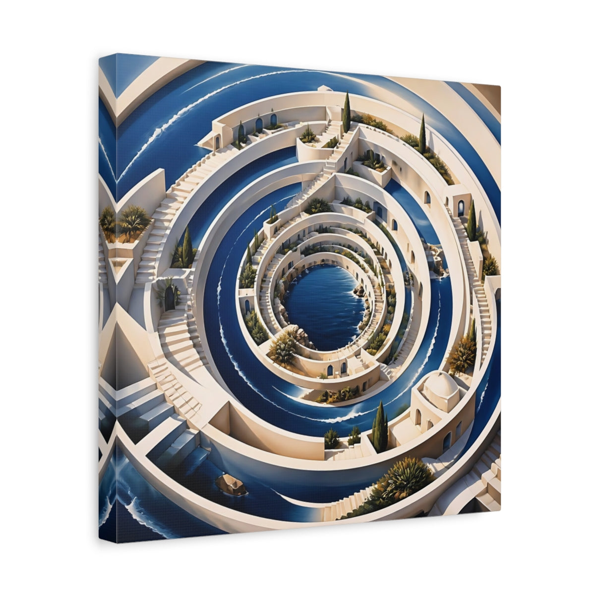 Side Mockup 7. Indigo Spiral Terraces shown as canvas print