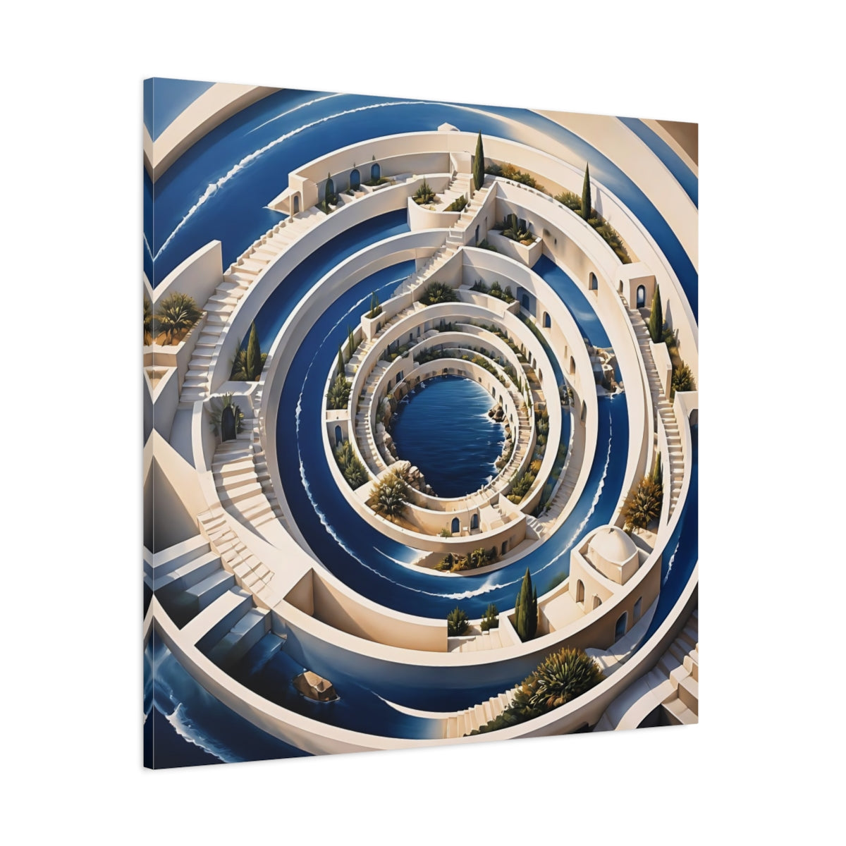 Side Mockup 1. Indigo Spiral Terraces shown as canvas print