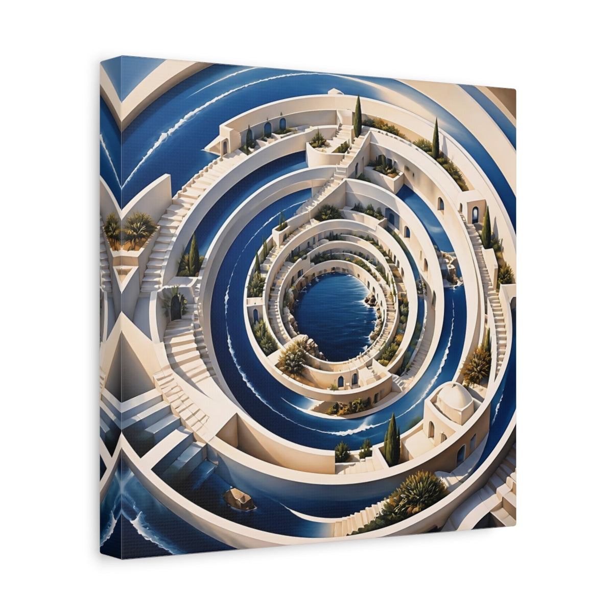 Side Mockup 8. Indigo Spiral Terraces shown as canvas print