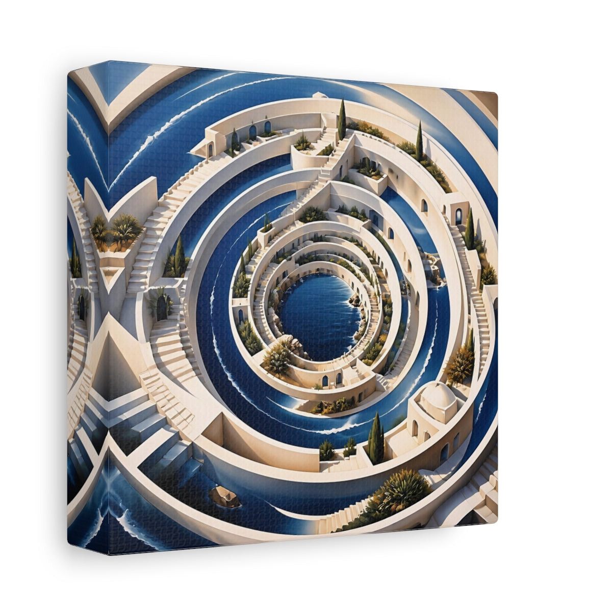 Side Mockup 2. Indigo Spiral Terraces shown as canvas print