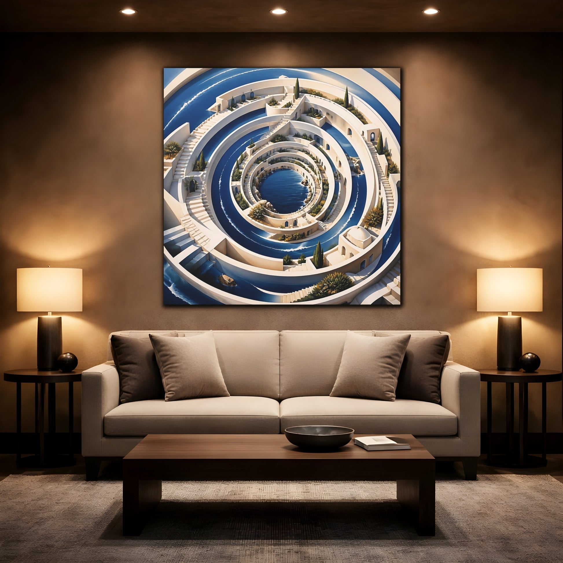 Mockup 2. Indigo Spiral Terraces shown as canvas print