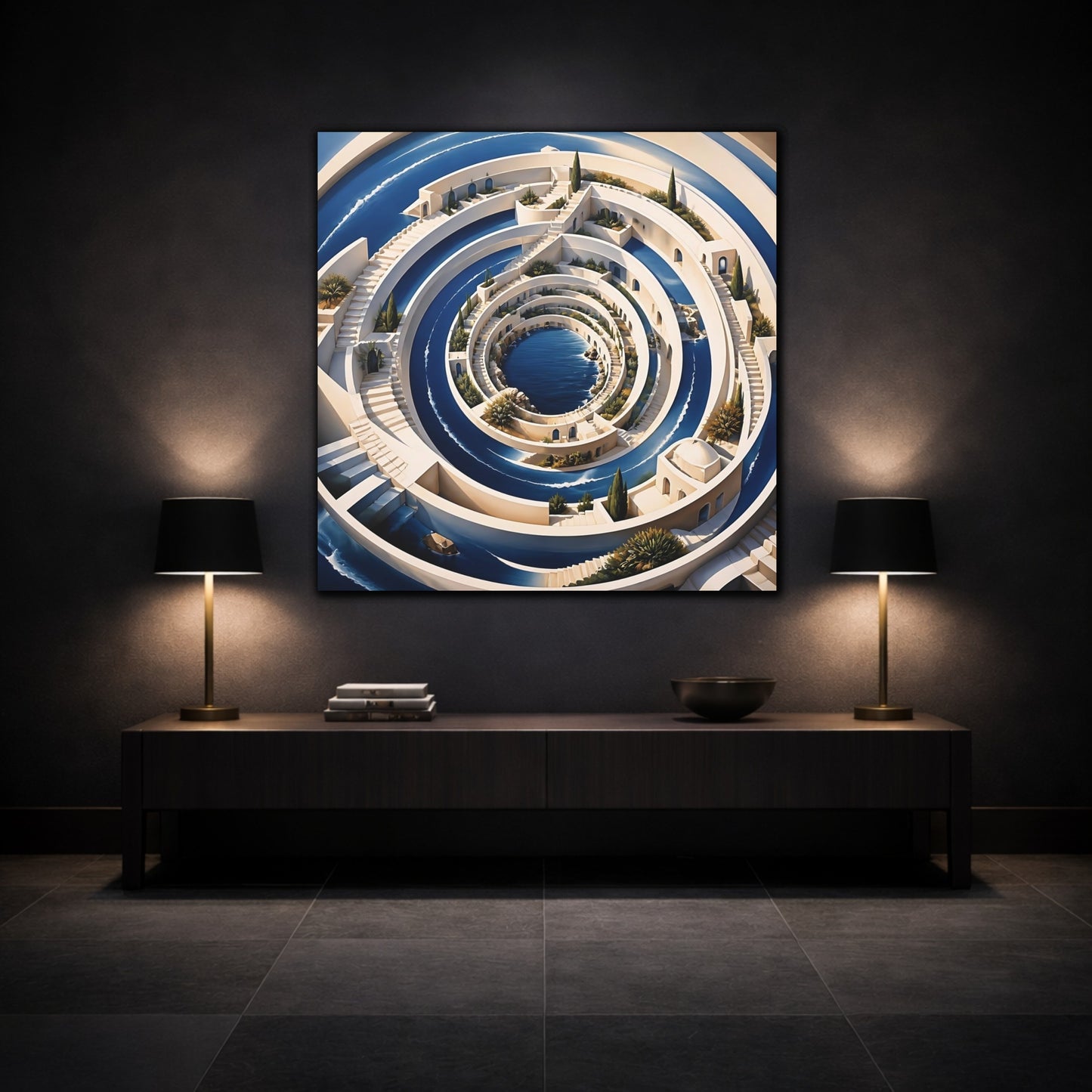 Mockup 3. Indigo Spiral Terraces shown as canvas print