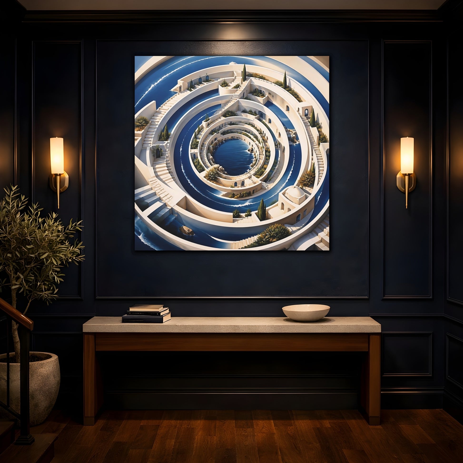 Mockup 4. Indigo Spiral Terraces shown as canvas print