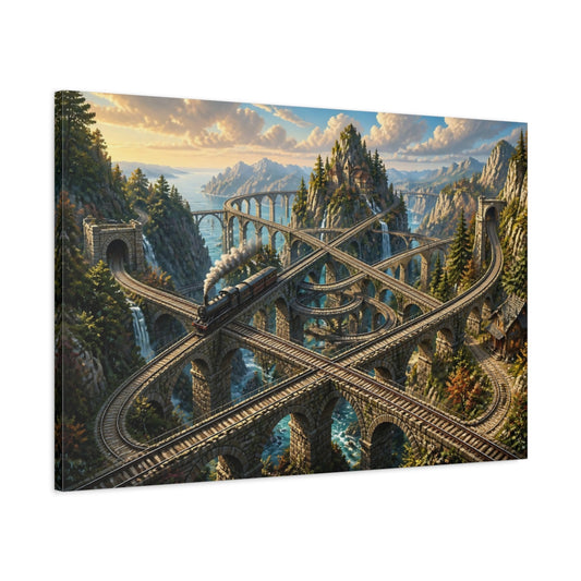 Main Mockup. Infinite Mountain Railway shown as canvas print