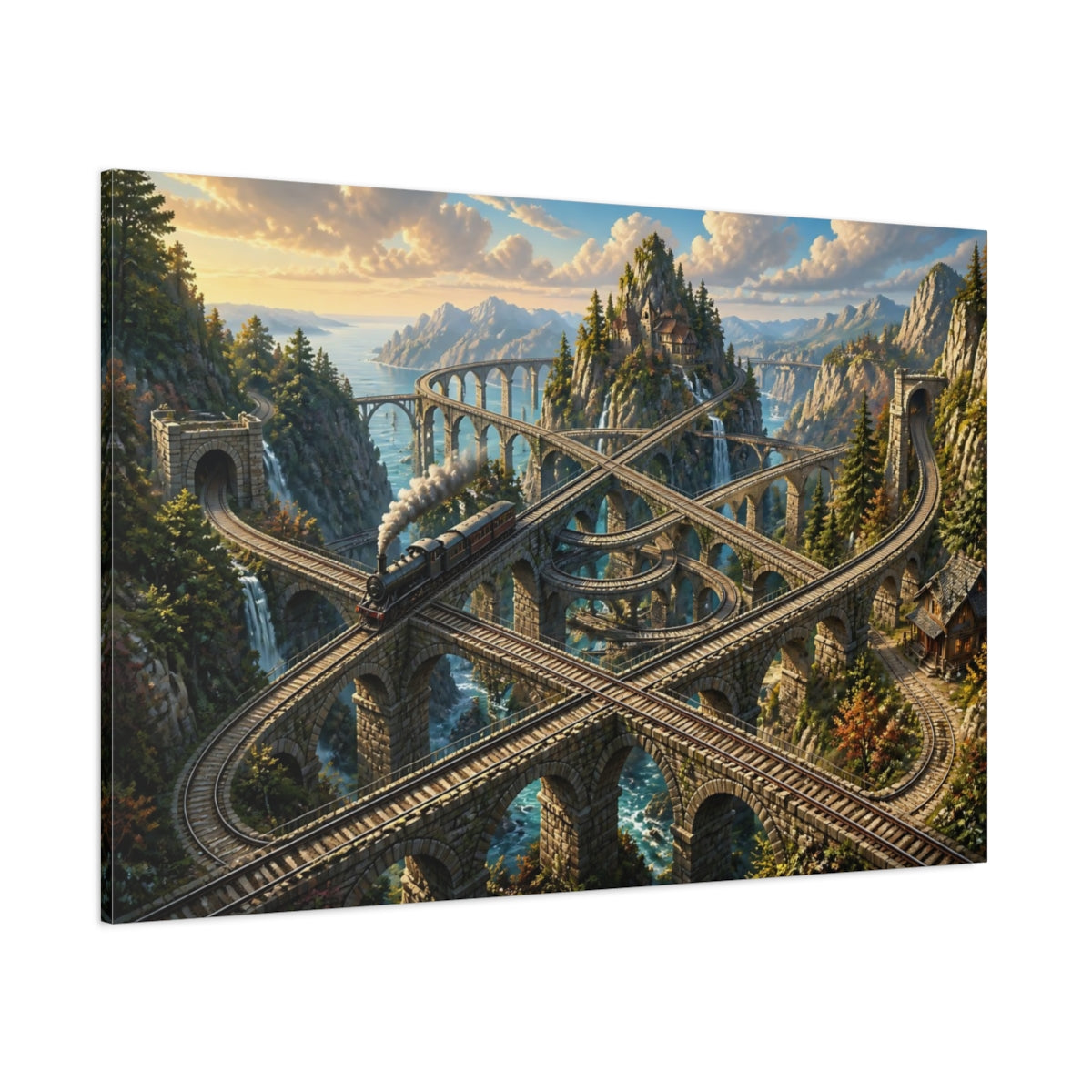 Side Mockup 1. Infinite Mountain Railway shown as canvas print