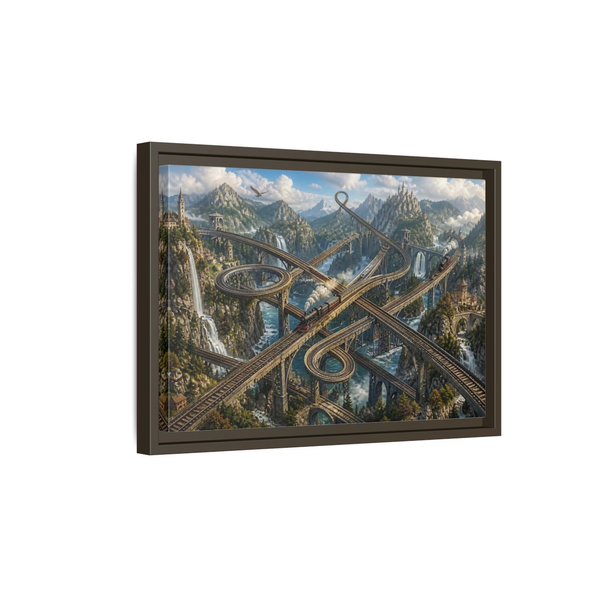 Side Mockup 5. Infinite Mountain Railway shown as framed canvas print
