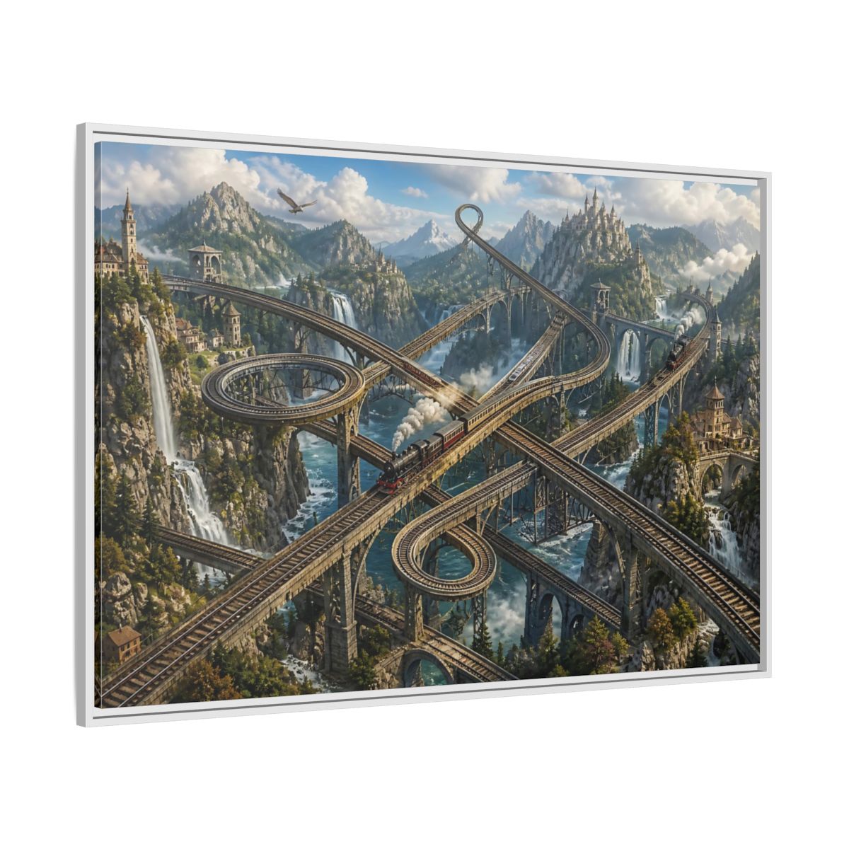 Side Mockup 7. Infinite Mountain Railway shown as framed canvas print
