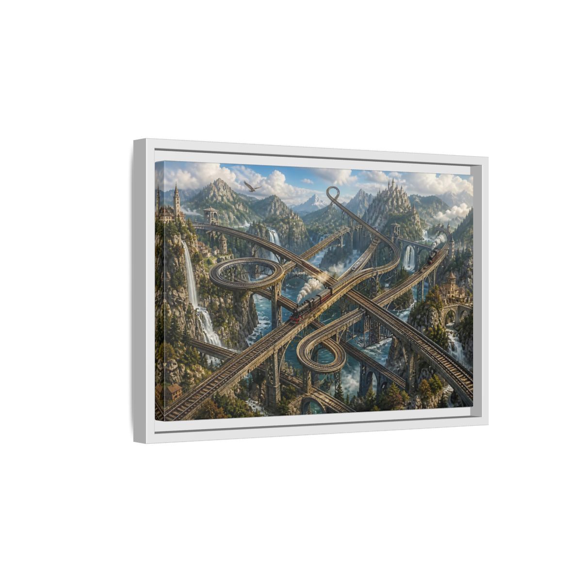 Side Mockup 4. Infinite Mountain Railway shown as framed canvas print