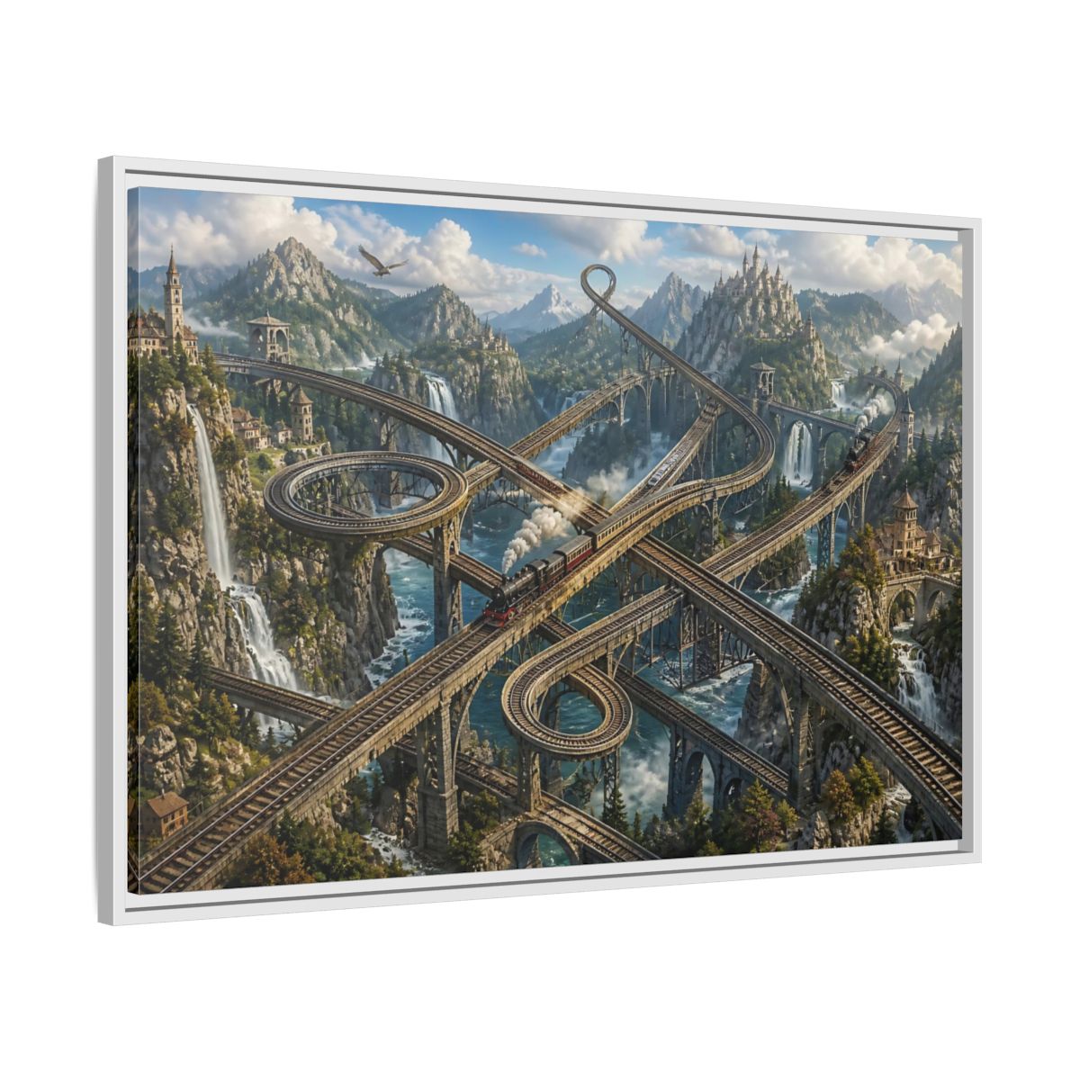 Side Mockup 9. Infinite Mountain Railway shown as framed canvas print