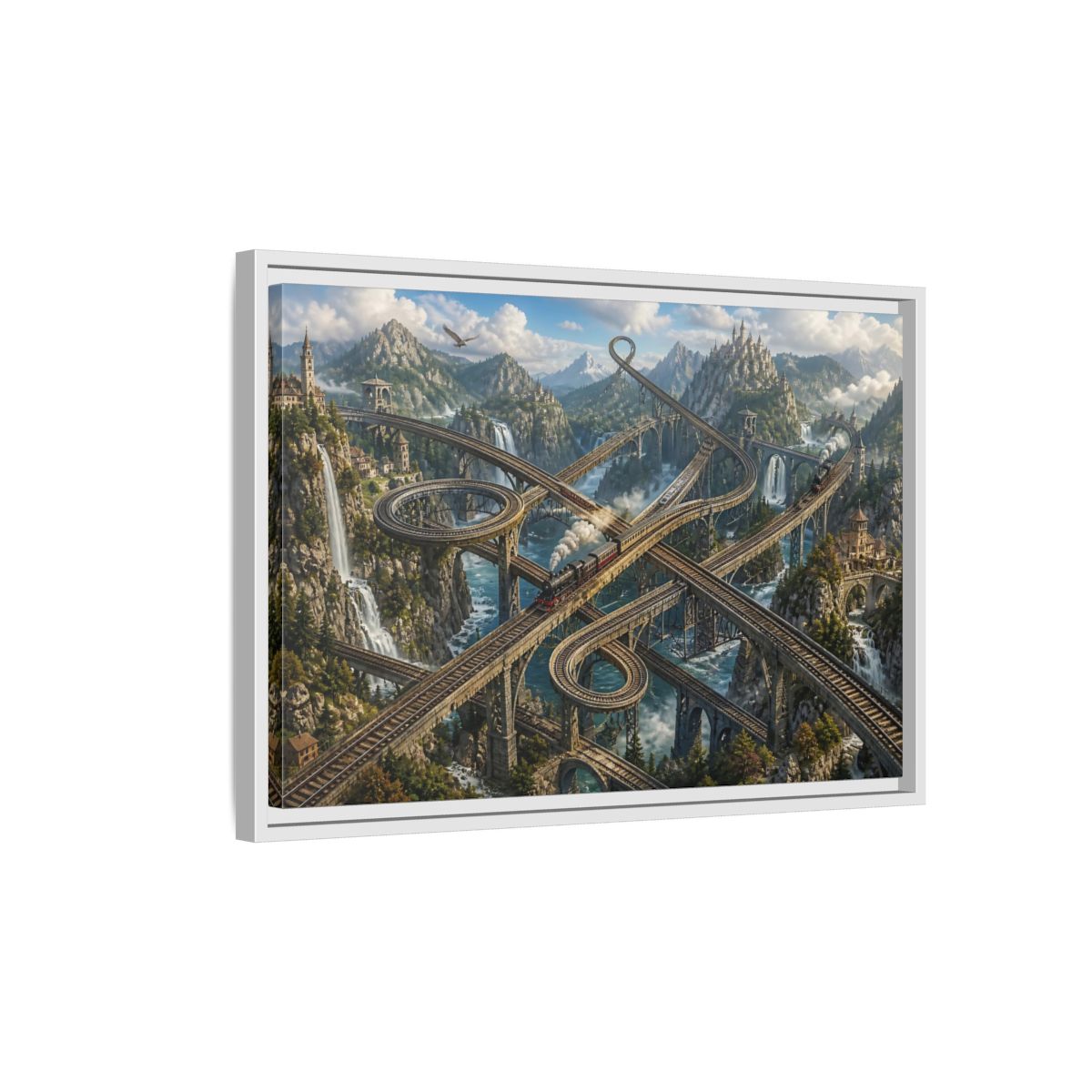 Side Mockup 1. Infinite Mountain Railway shown as framed canvas print