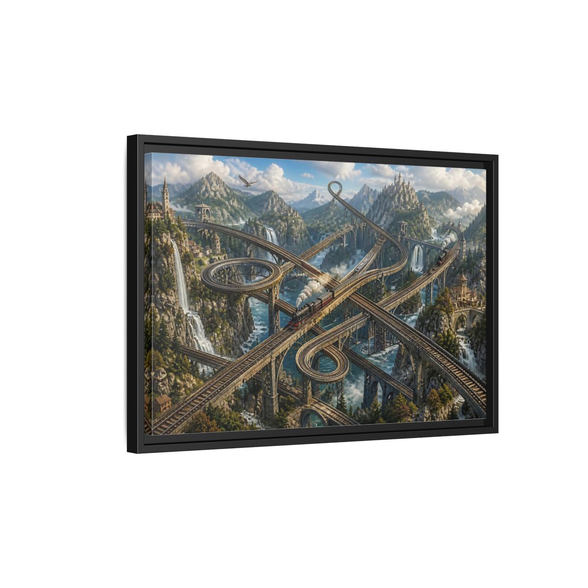 Side Mockup 3. Infinite Mountain Railway shown as framed canvas print
