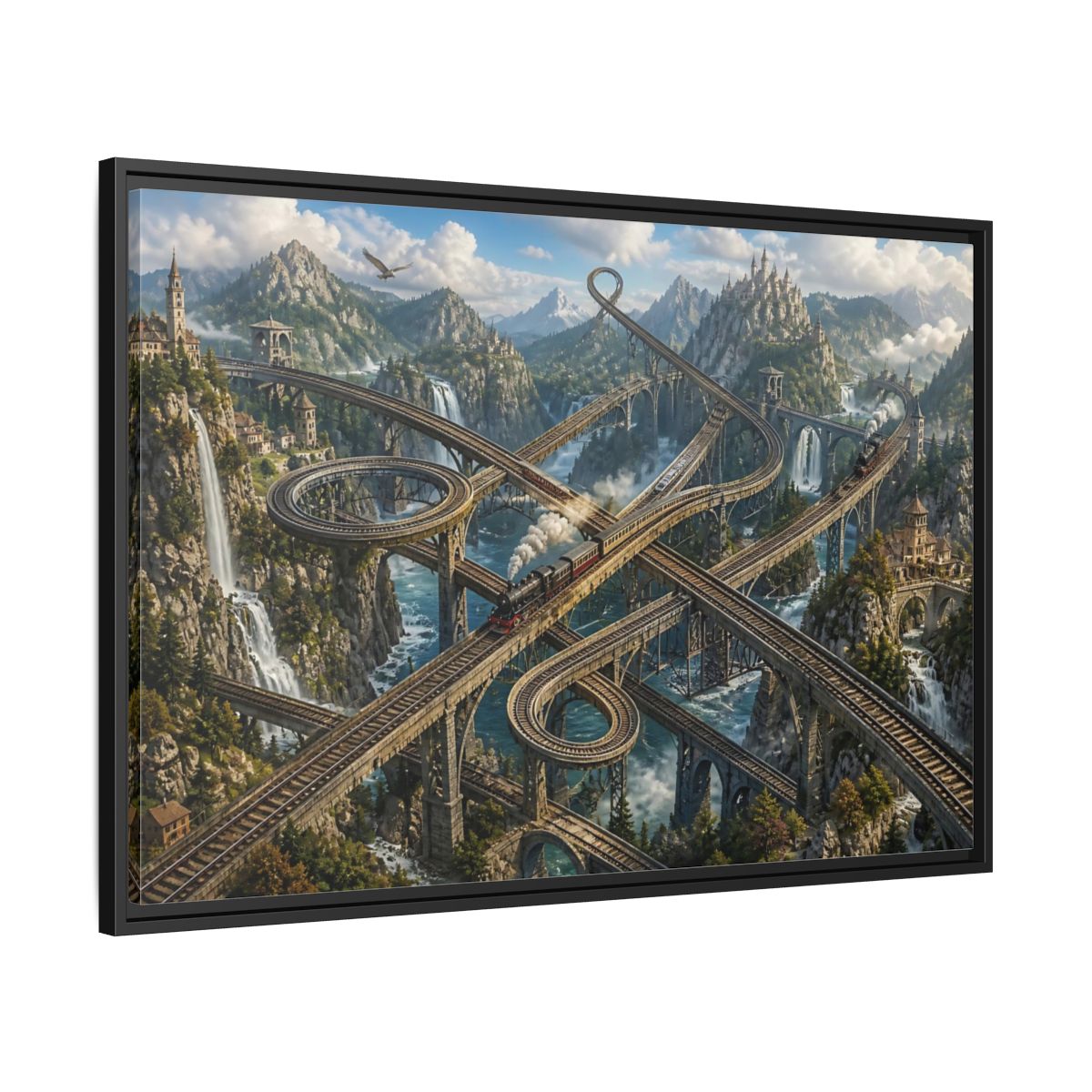 Side Mockup 13. Infinite Mountain Railway shown as framed canvas print