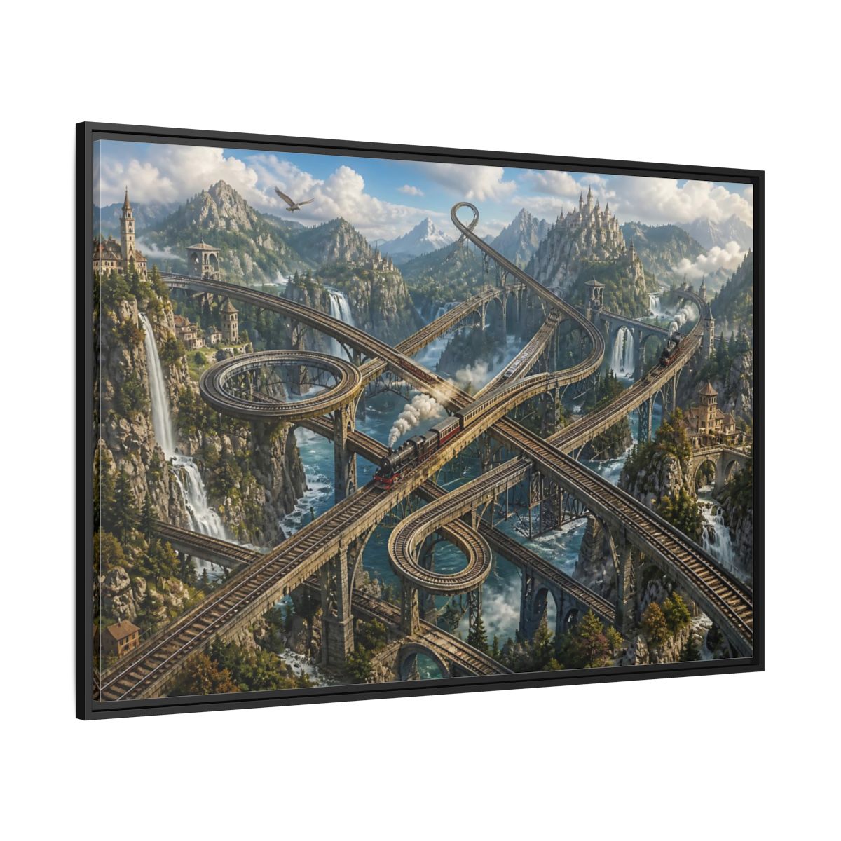 Side Mockup 12. Infinite Mountain Railway shown as framed canvas print