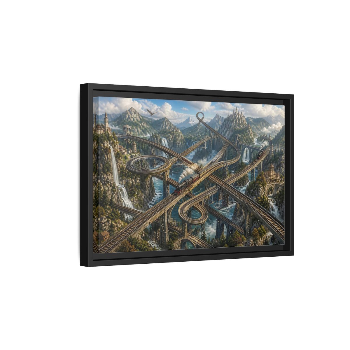 Side Mockup 6. Infinite Mountain Railway shown as framed canvas print