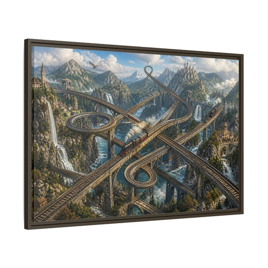 Main Mockup. Infinite Mountain Railway shown as framed canvas print